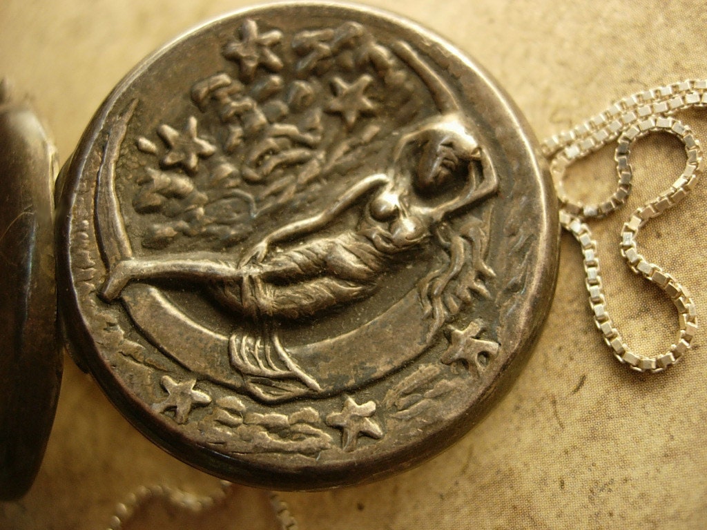 Vintage Art deco Sterling Nude woman on the moon locket necklace