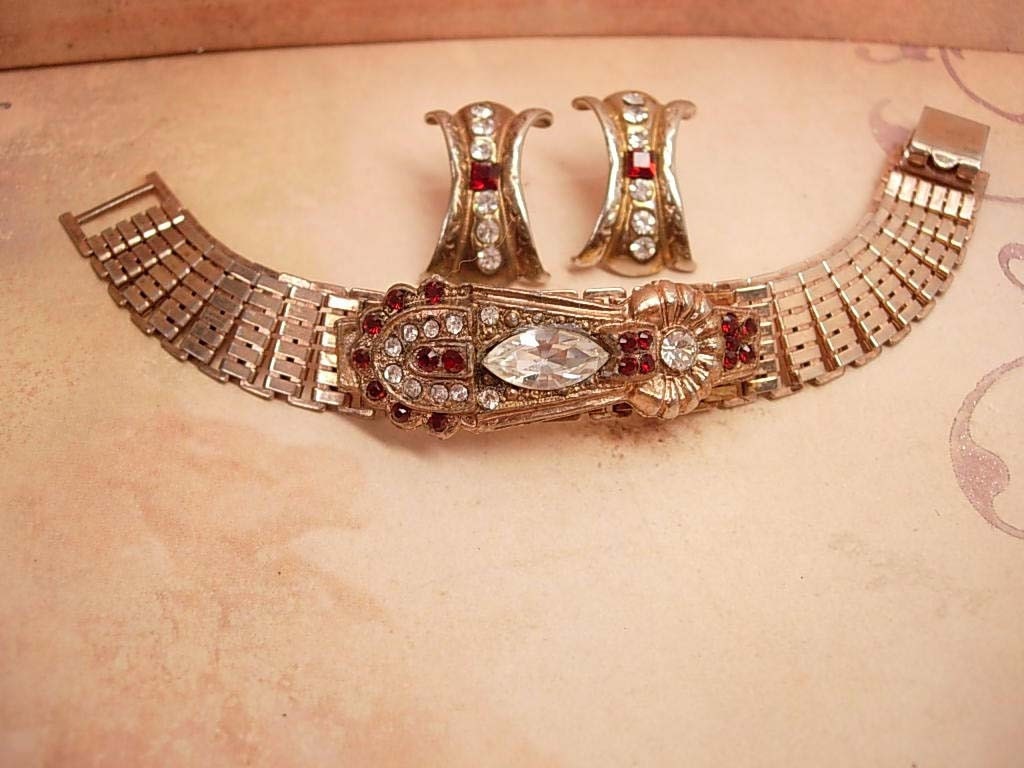 VIntage Trifari DEco bracelet with Red Rhinestone earrings Rose gold plate