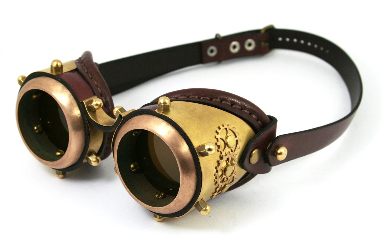 STEAMPUNK GOGGLES made of solid brass brown leather plating and gears decor Assault design no.4
