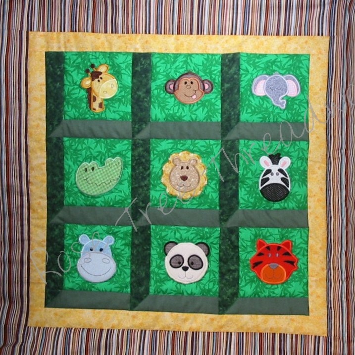 Jungle Animals Baby Quilt with Brown Minky Back, Monkey, Lion, Tiger, more 32x32 inches
