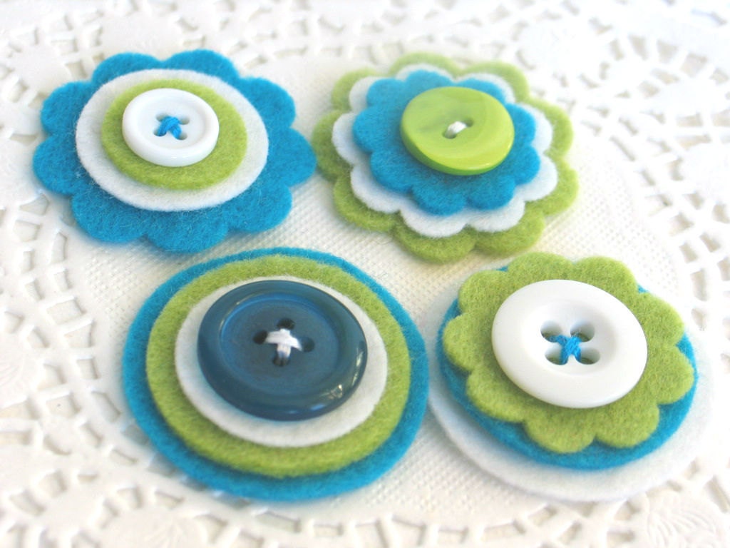 SEA BREEZE Felt and Button Embellishments - Set of 4 White, Lime and Turqoise Layered Felt Embellishments