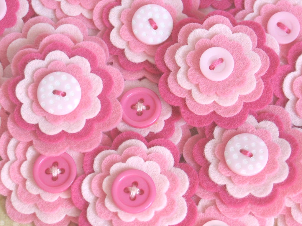 BUBBLEGUM - Set of 3 Handmade Layered Felt Flower Embellishments in Pink / Felt Applique / Felt Embellishment
