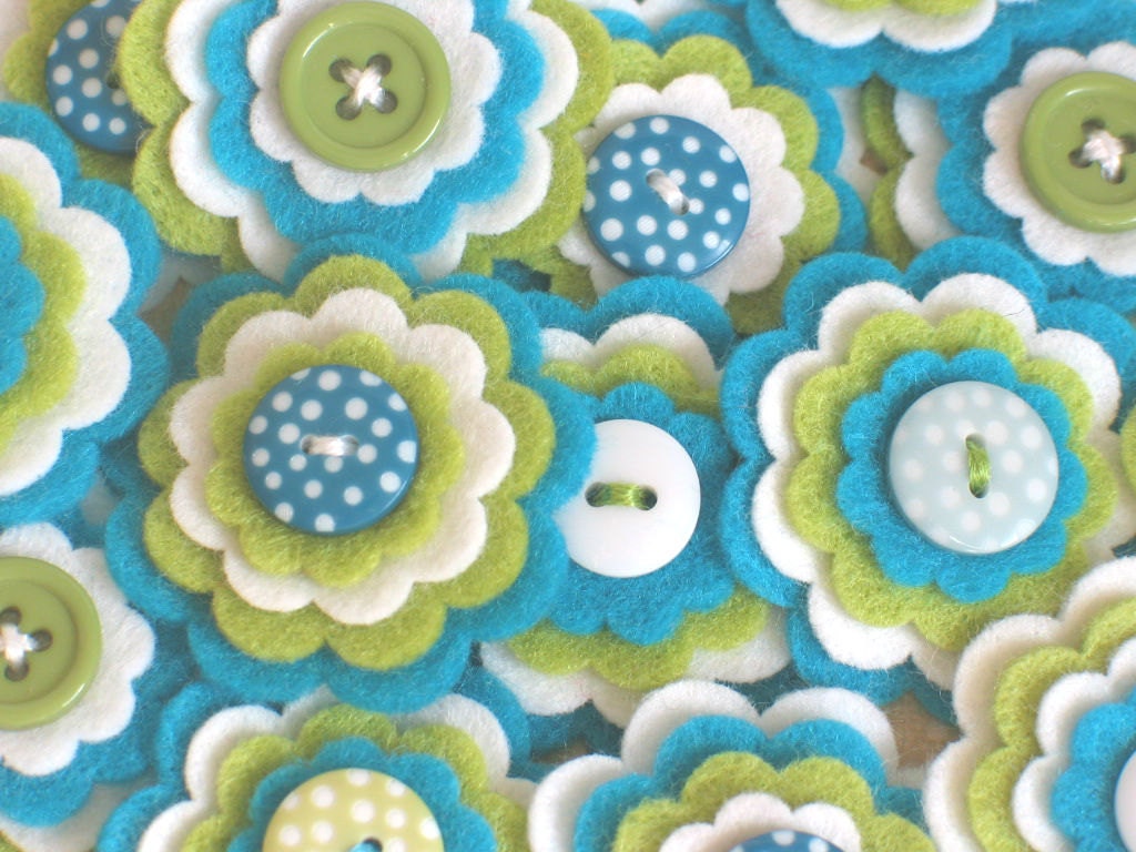 SEA BREEZE - 3 x Handmade Felt Flower Embellishments in White, Lime and Turqoise / Felt Embellishment / Felt Applique