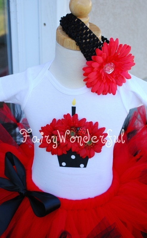 Boutique 3D Little Lady Love Bug Blooming Cupcake Short Sleeve Shirt or Onesie made to match our Little lady Love Bug Tutu