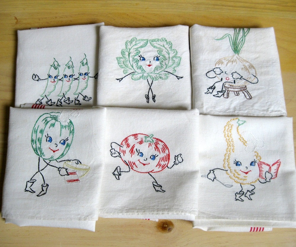 Embroidered Dish Towels Anthromorphic Vegetables 1950s Vintage