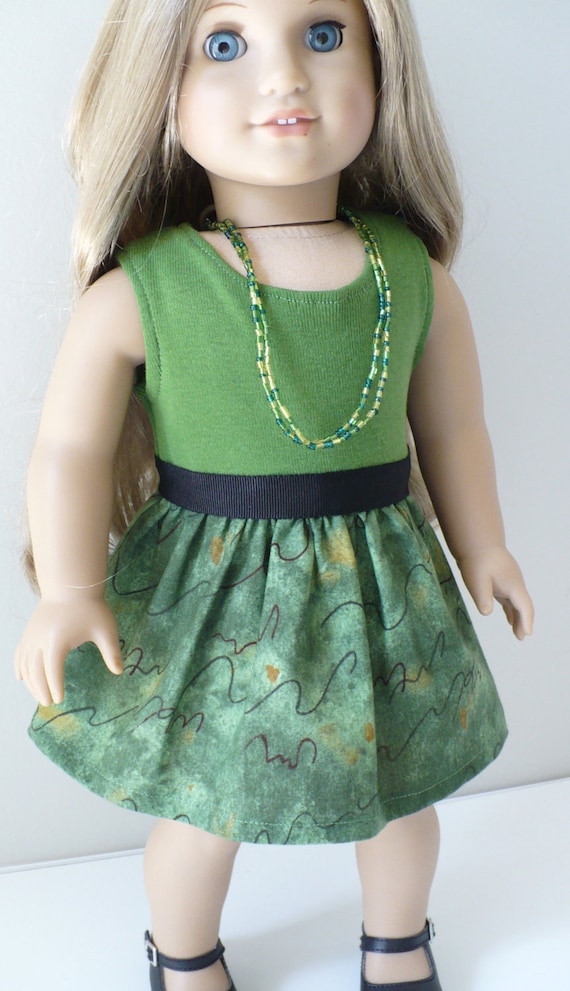 American Girl doll dress - green dress with knit top, includes belt and necklace