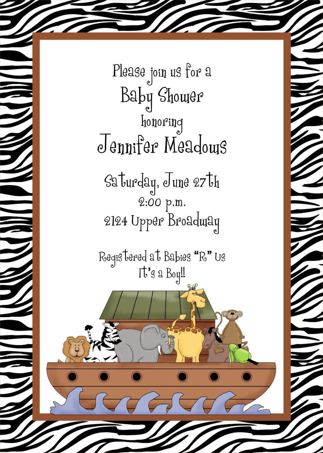 Noah39;s Ark Zebra Print Baby Shower Invitations by Paper Monkey Company 