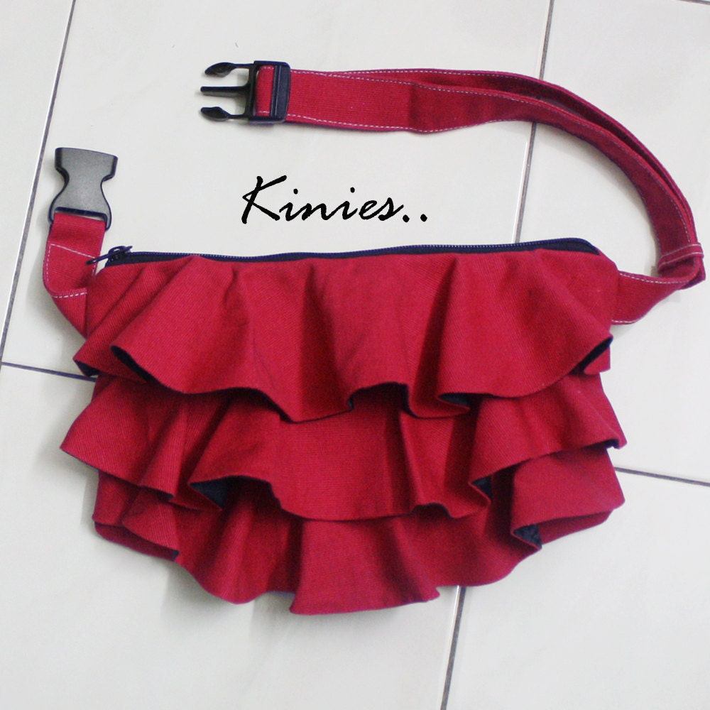 MAY Sale - Red Ruffled Canvas Women's Fanny Pack, Hip Bag, Belt pouch, Handbag, Handbag- Kinies Ruffled Waist Purse