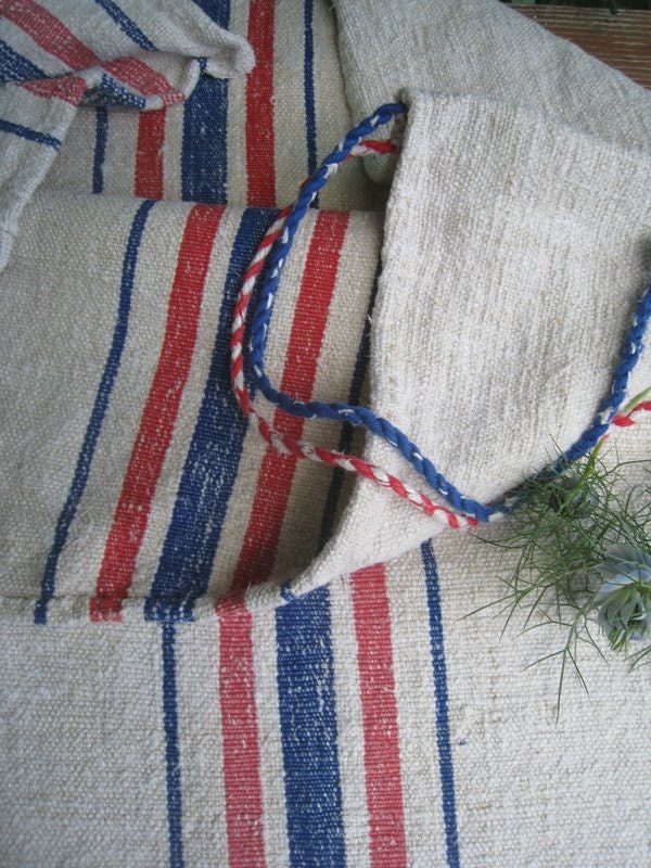 antique grain sack cushion tablerunner upholstery BLUE ROSA wedding decor