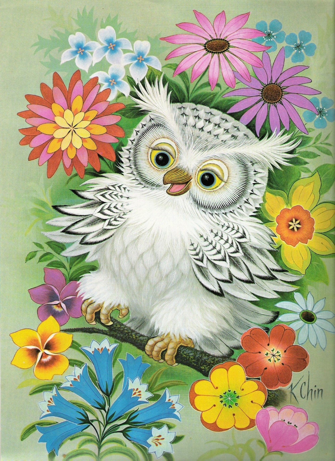 K Chin Wise Owl Series Lithograph Print, 1973, Signed, Donald Art Co., Inc., New York, Paper Ephemera, Collectible, Good Vintage Condition, Wall Art, FREE SHIPPING