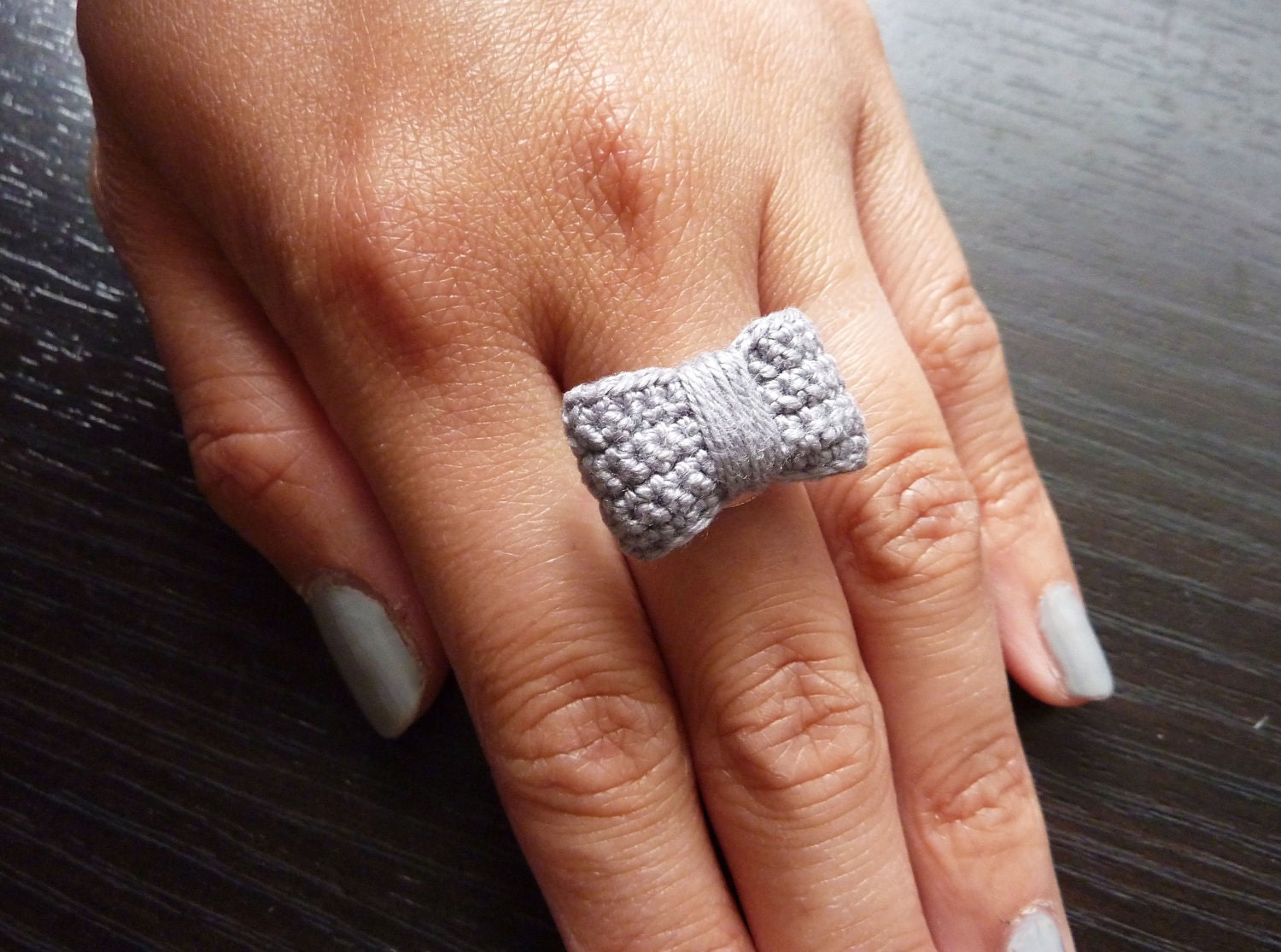Handmade Crochet Bow Ring - Gray