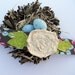 Fabric Flower Headband in brown, green, pink, blue with a beautiful muslin fabric flower and green leaves