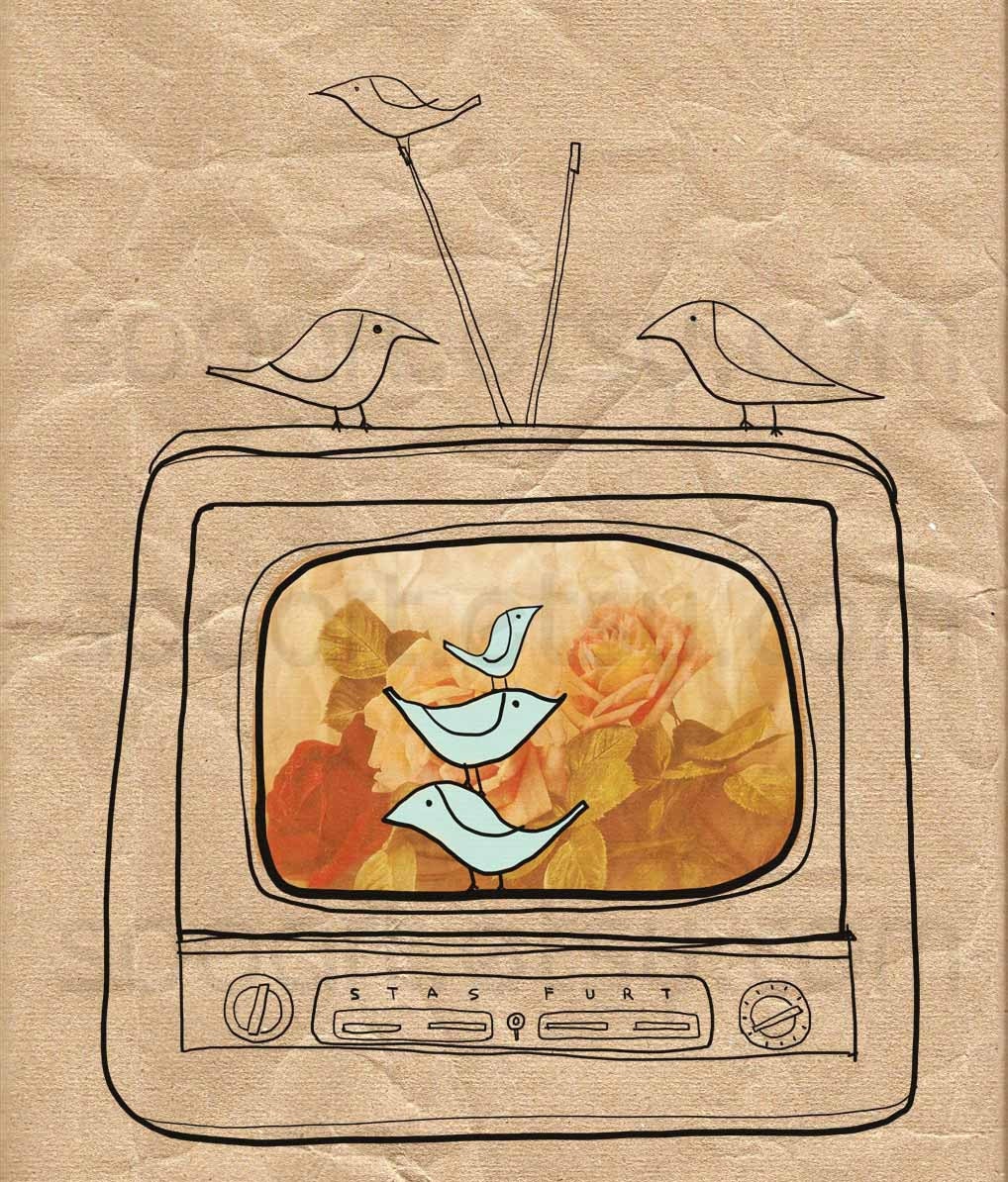 bird  vintage t.v -Digital Image Sheet -Original Illustrate Drawing  A4 Print transfer on Pillows, t-shirts, scrapbook, lampshades  ETC.v