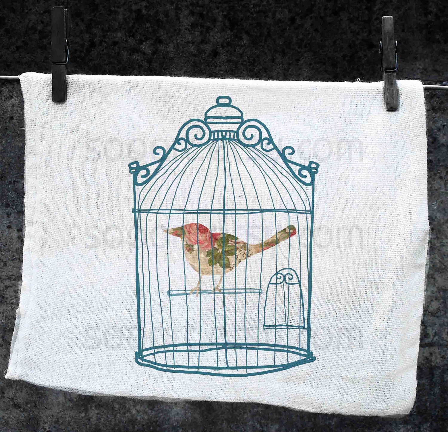 bird Cage vintage -Digital Image Sheet -Original Illustrate Drawing A4 Print transfer on Pillows, t-shirts, scrapbook, lampshades ETC.v