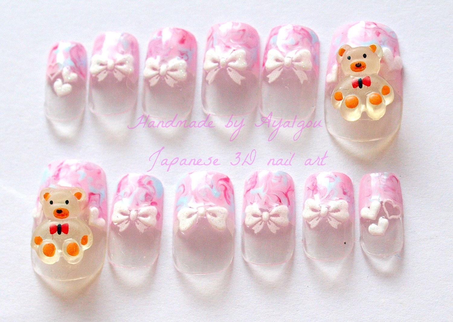 3D nails, Fairykei, kawaii, pink, marbling, french tips, teddy bear, cotton candy, Japanese nail art