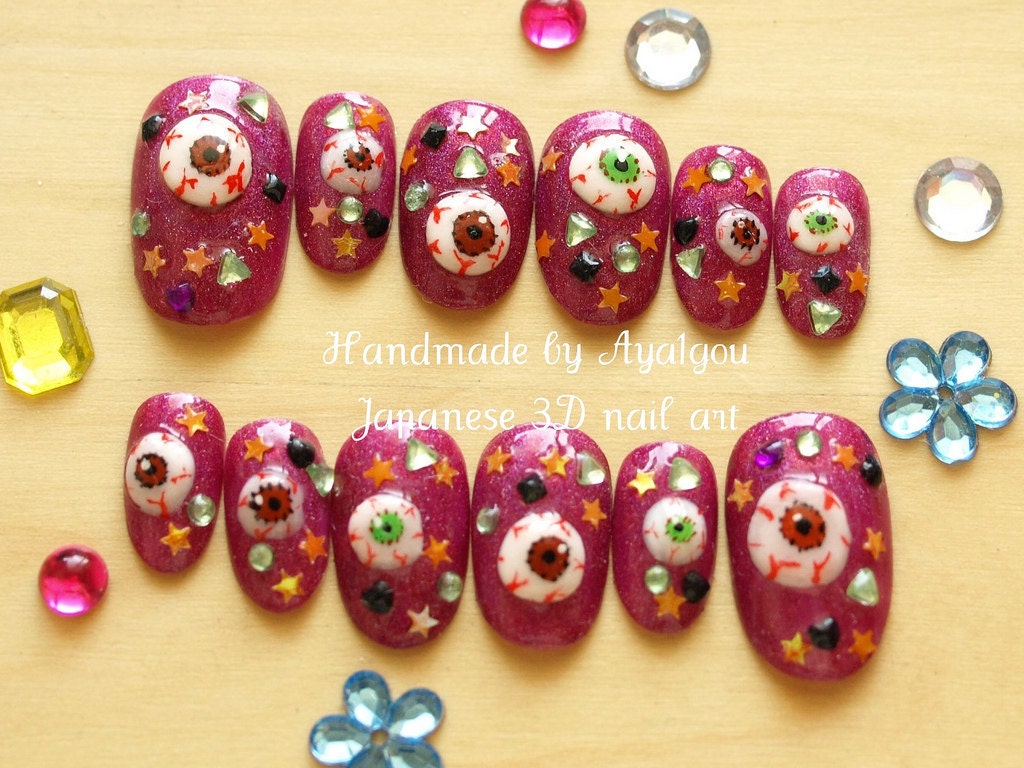Japanese 3D nails, eyeballs, creepy, spooky, nail art