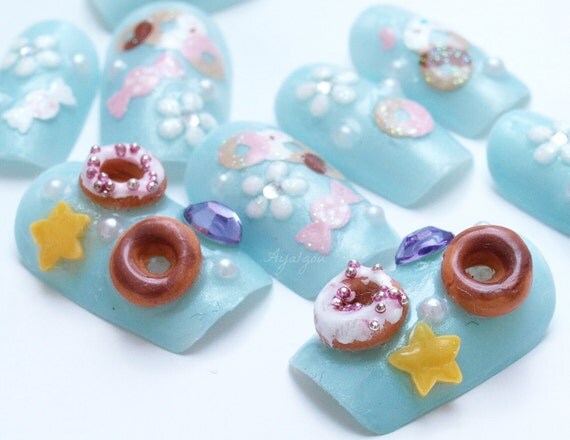 Japanese nail art, 3D nails, fairy kei, sweet lolita, pastel, aqua blue, donut, candy, stars - Aya1gou