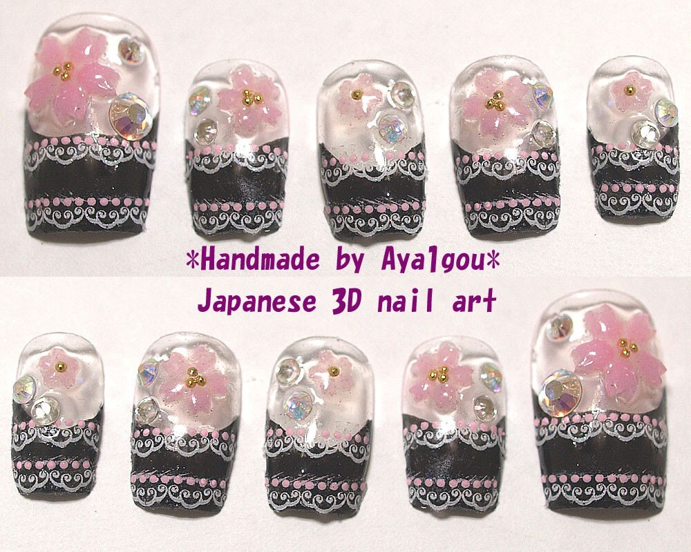 Japanese nail art 3D flowers black and white gothic by Aya1gou