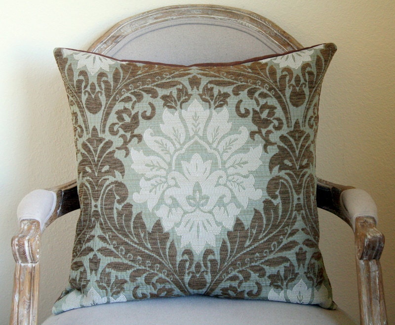 Blue and Brown Damask Pillow.