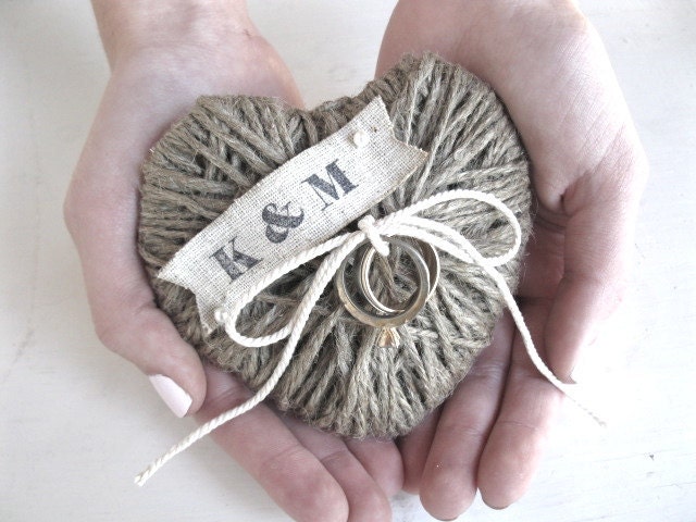 Wedding Ring Bearer Pillow/Holder - REUSE as Christmas ornament /decor - HAND STAMPED initials, wedding decor - eco friendly