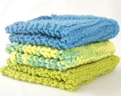 SALE - Hand Knit Cotton Wash Cloths in Summer Neons - 3 pack - Ready to Ship