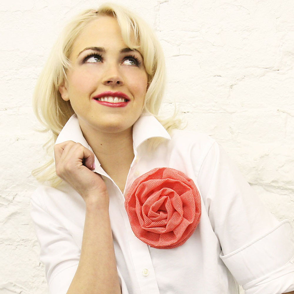 Coral Red Polka Dot Chiffon Flower Pin