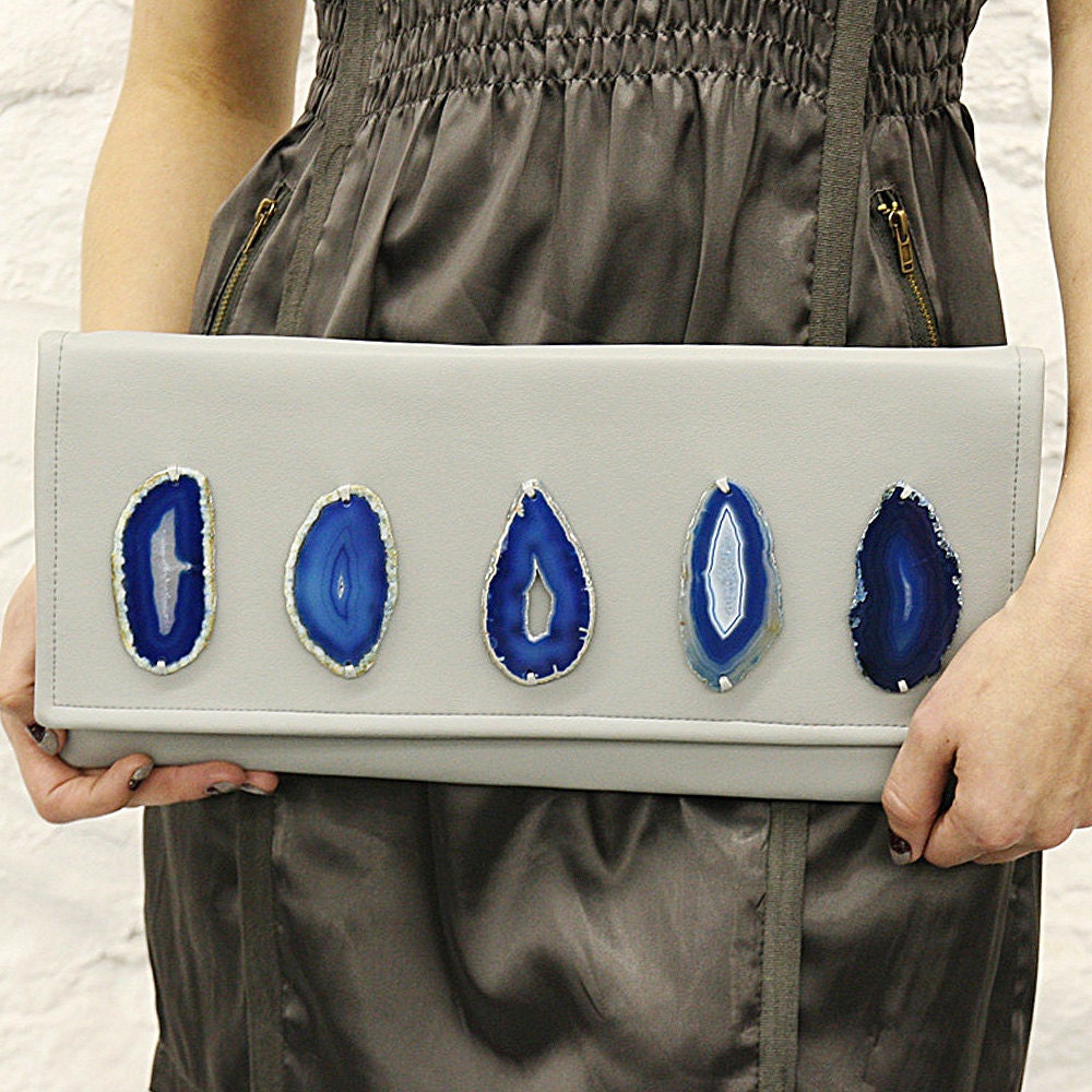 OOAK Gray Blue Agate Stones Pleather Clutch Ready to Ship