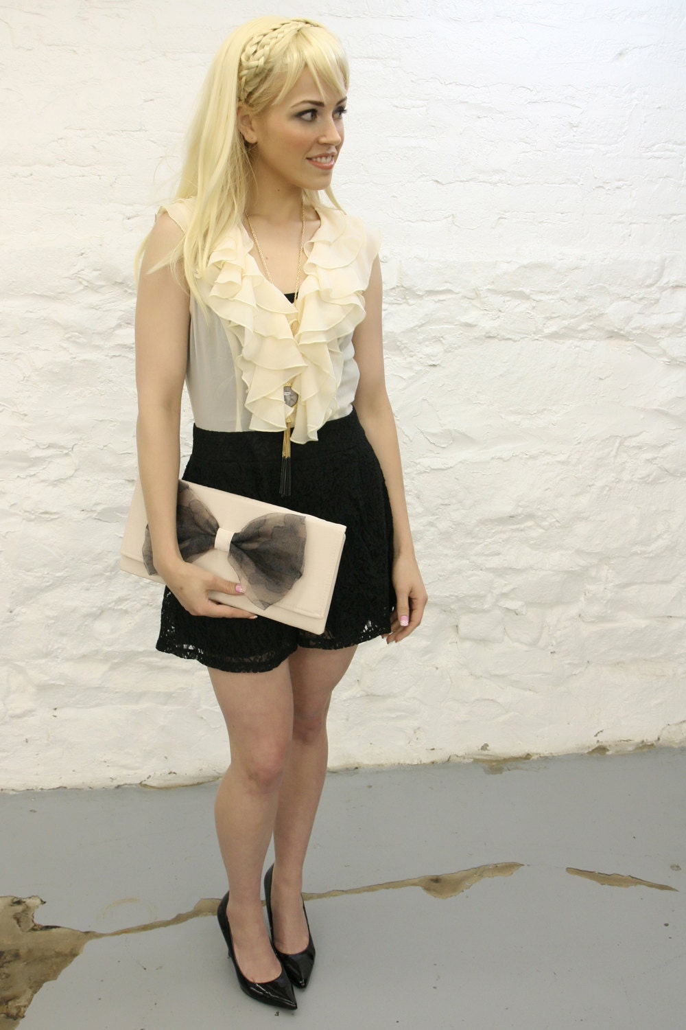 Ivory Black Lace Organza Bow Clutch READY TO SHIP