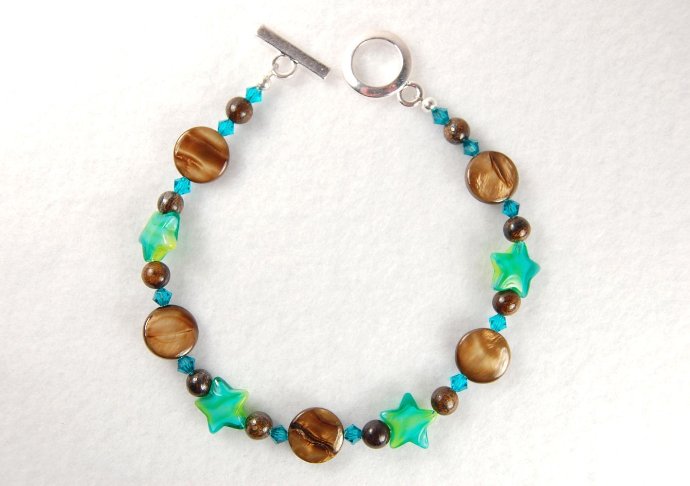 Brown Shell, Bronzite, and Turquoise and Lime Glass Star Bracelet   --  Bridget   --
