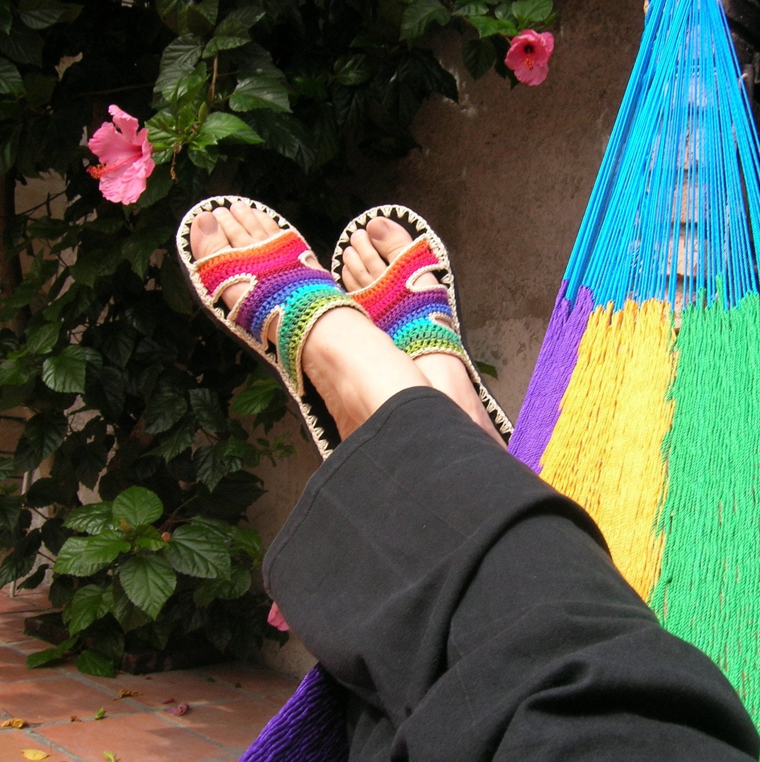 Rainbow Crocheted SANDALS w/ black suede - boho hippie shoes - CUSTOM MADE