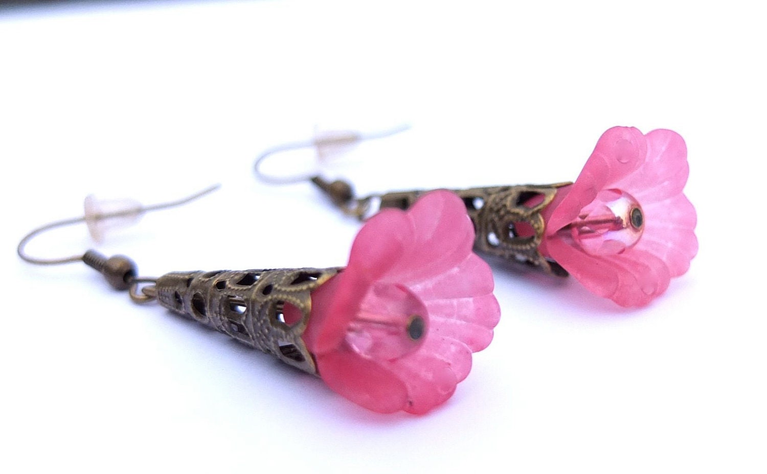 Mother's Day Sale, Pink Flower Earrings, Dark Pink Lucite Ruffle Flower Earrings with Antique Bronze Findings