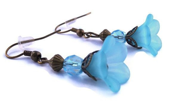 Mother's Day Sale, Blue Flower Earrings-Teal Turquoise Petunia Lucite Flower Earrings with Antique Bronze Findings