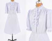 1970's Blue Stripe Shirt Dress - Vintage Prairie Secretary Dress - Striped Shirting Dress