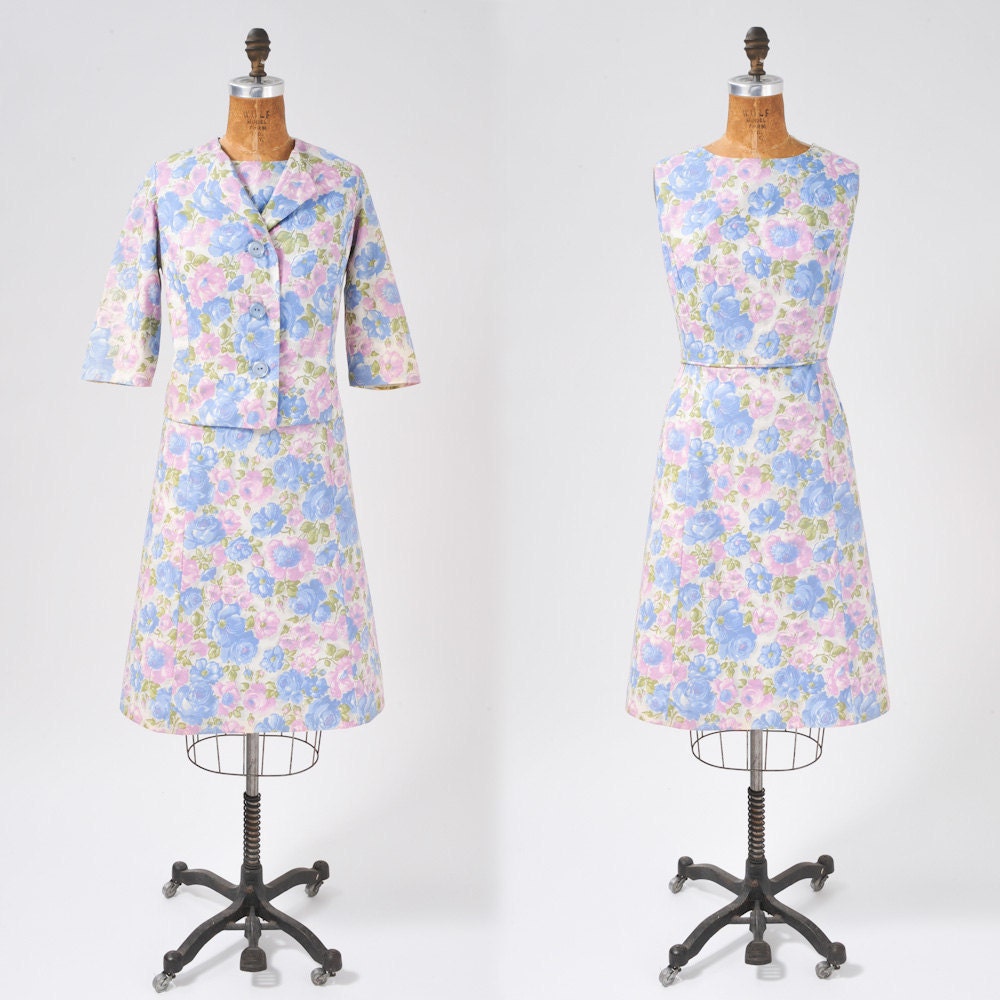 1960's Pastel Rose Dress Jacket Set - Spring Cotton 60's Floral Dress