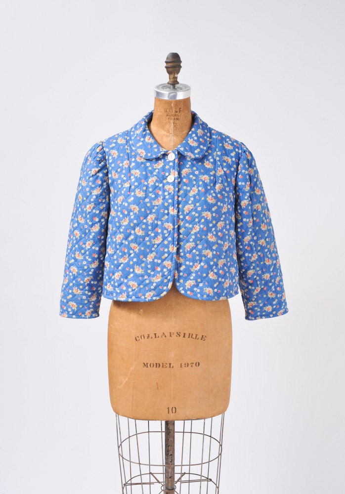 1940's Blue Floral Quilted Jacket - Cotton Bed Jacket - Peter Pan ...