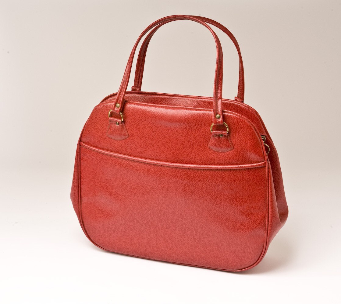 1960s Red Faux Leather Messenger Handbag Tote Large