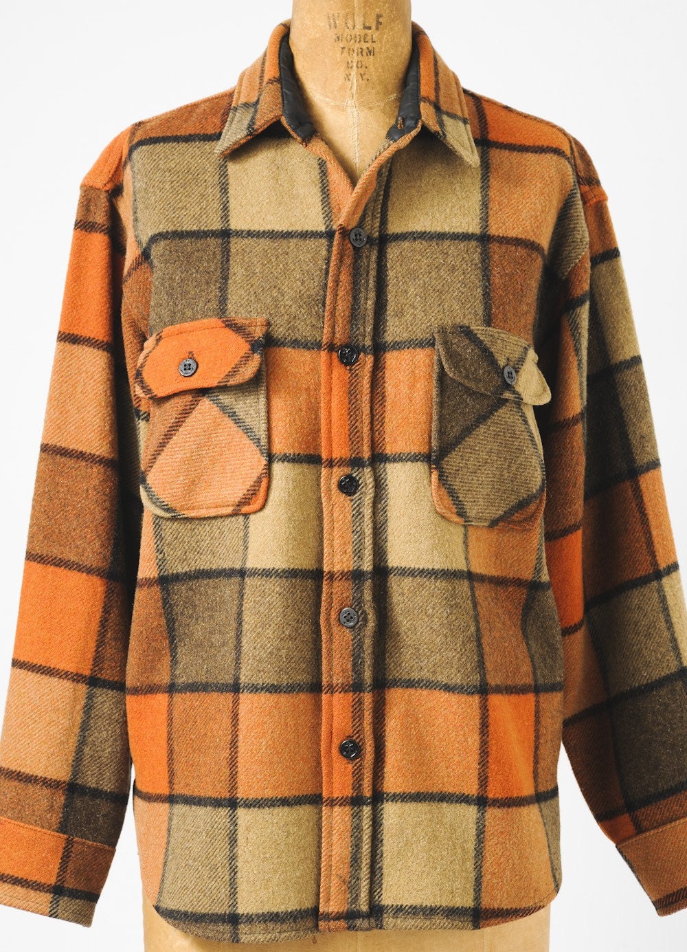 Vintage Men's Wool Plaid Shirt Jacket 1950's Hunting Jacket Pumpkin Plaid