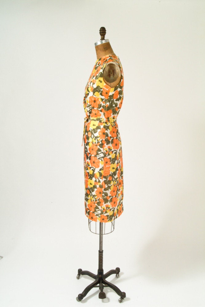 1960s Dress Poppy Print Silk Wiggle