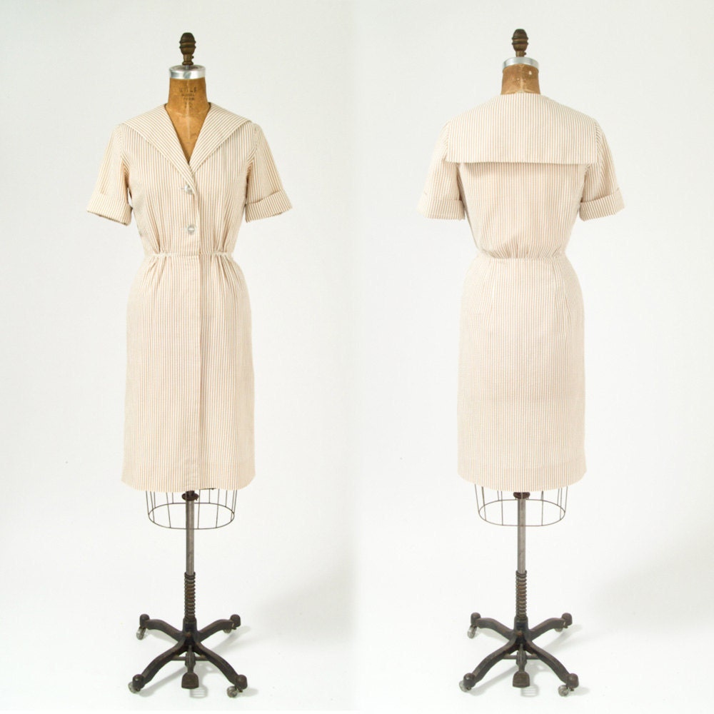 1950's Latte White Seersucker Dress - Nautical Collar