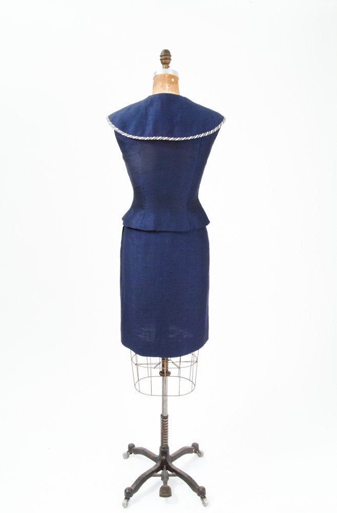 1950's Navy Blue Silk Wiggle Suit - H. B. Burnett, New York