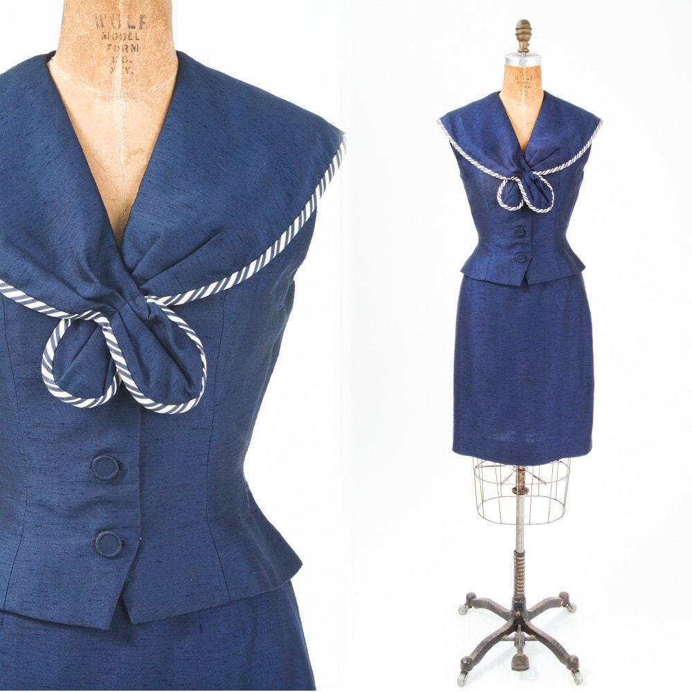 1950's Navy Blue Silk Wiggle Suit - H. B. Burnett, New York
