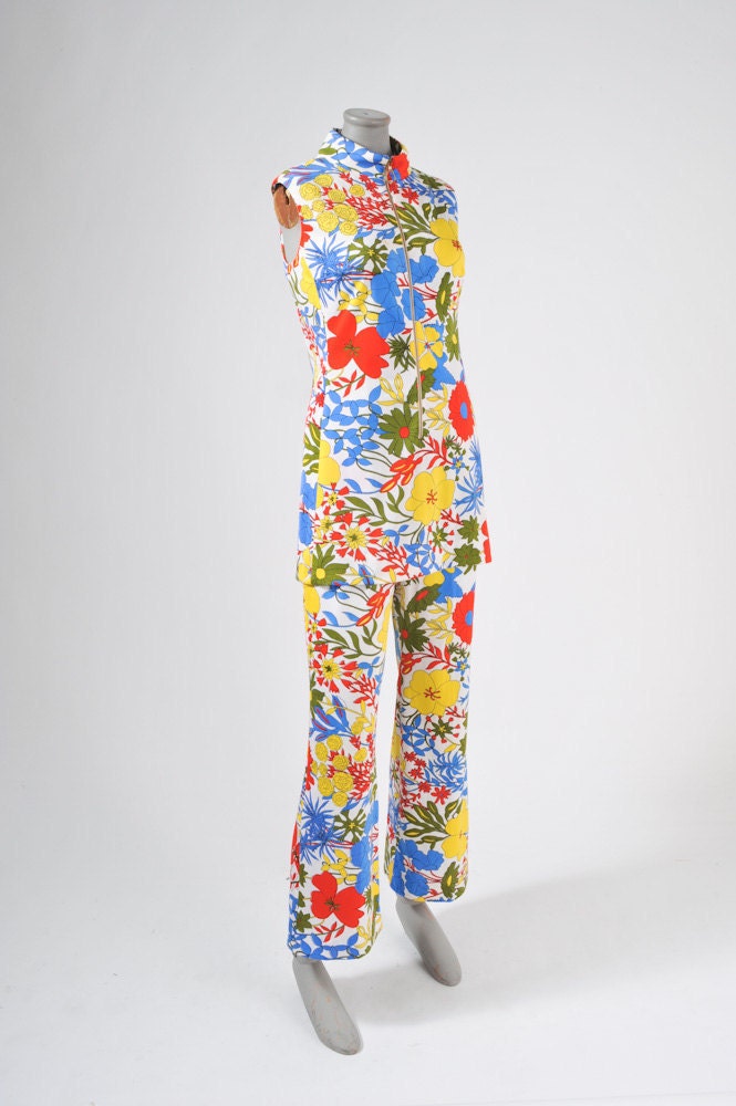 1960's Mod Flower Power Pants Suit - Pants & Tunic Set - Bright Blue Red Yellow Floral Print