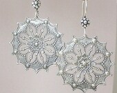 Large silver filigree earrings, fancy antiqued floral