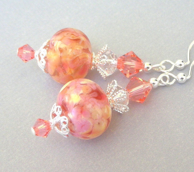 Rose peach earrings, artisan lampwork, Swarovski crystal