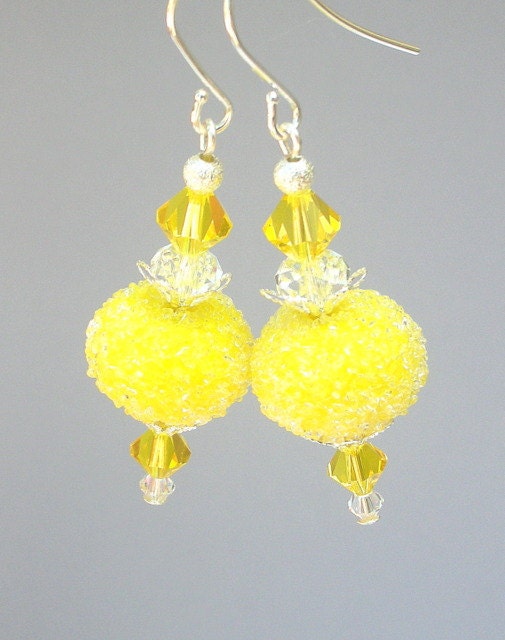 Lemon yellow earrings, artisan lampwork glass, Swarovski crystal