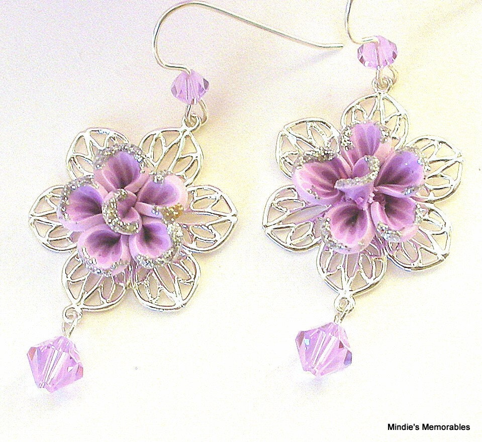 Violet purple earrings, polymer clay flower filigree