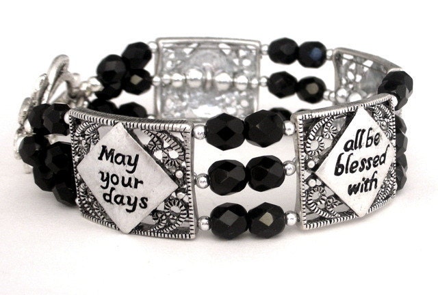 Inspirational words bracelet, antiqued silver and black Czech glass