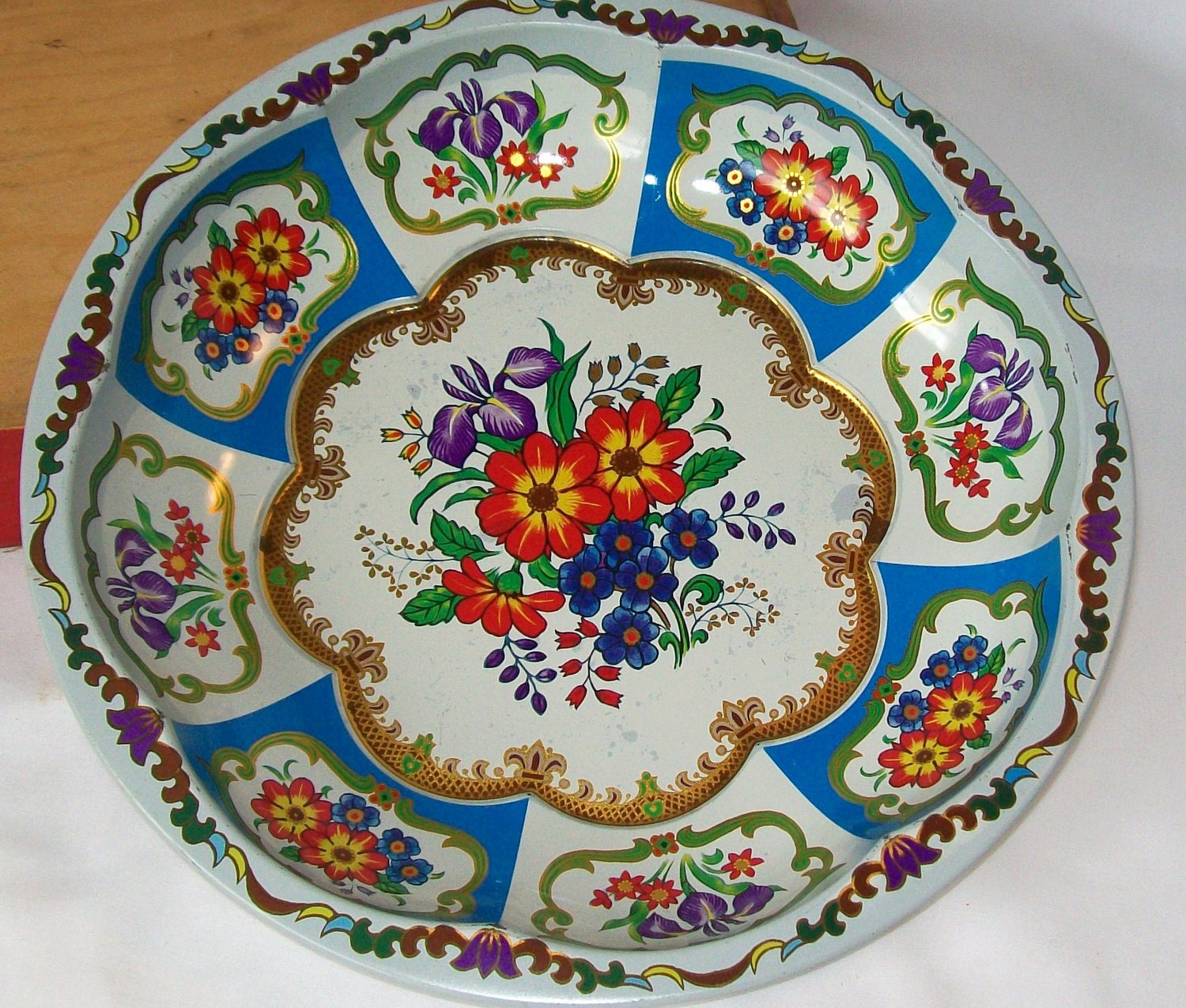 Vintage Painted Tin Bowl Serving 10 Inch Bright Colors Floral English Bright Blue Floral Flowers Gold Metallic