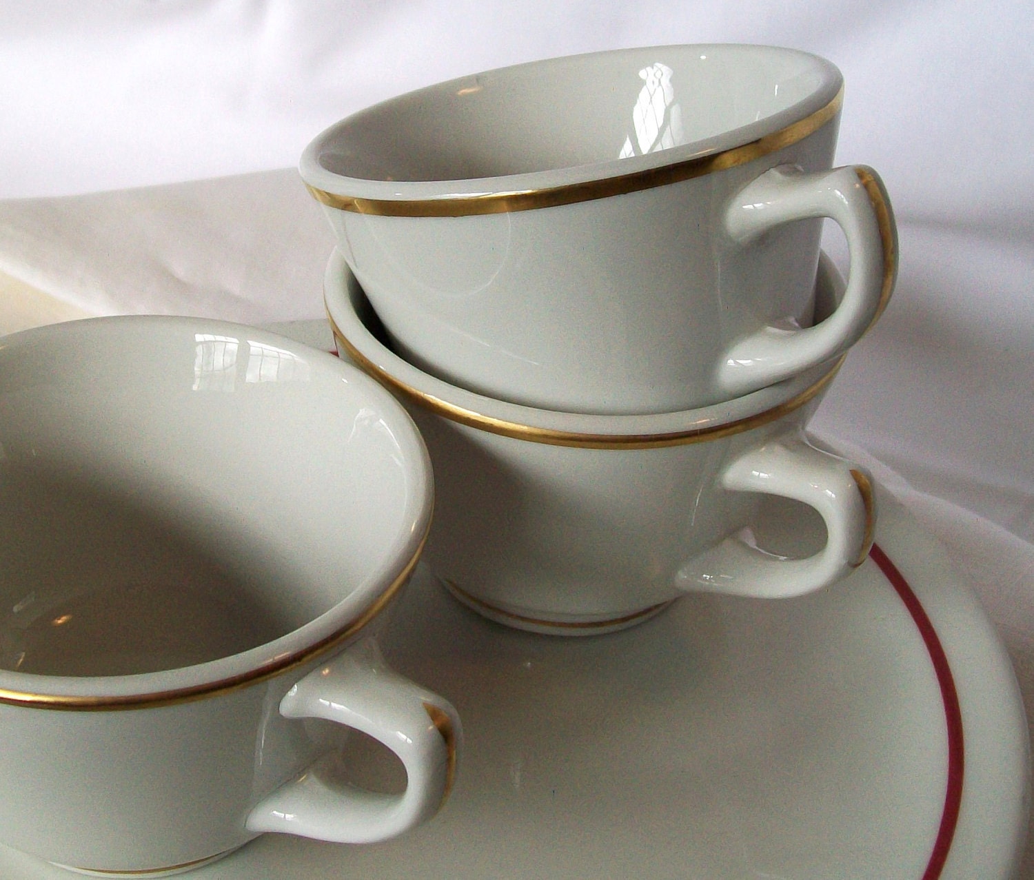 Cups Vintage Restaurant Ware Gold Edge Set of 3 Shenango Thick Heavy Diner Cafe China Dishes