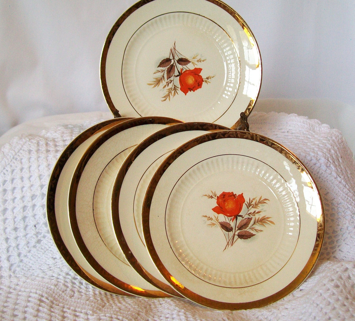 La Mode China Vintage Six Inch Small Plates with Red Orange Rose 22K Gold Edge Set of 5 DIY Wedding Bridal Shower